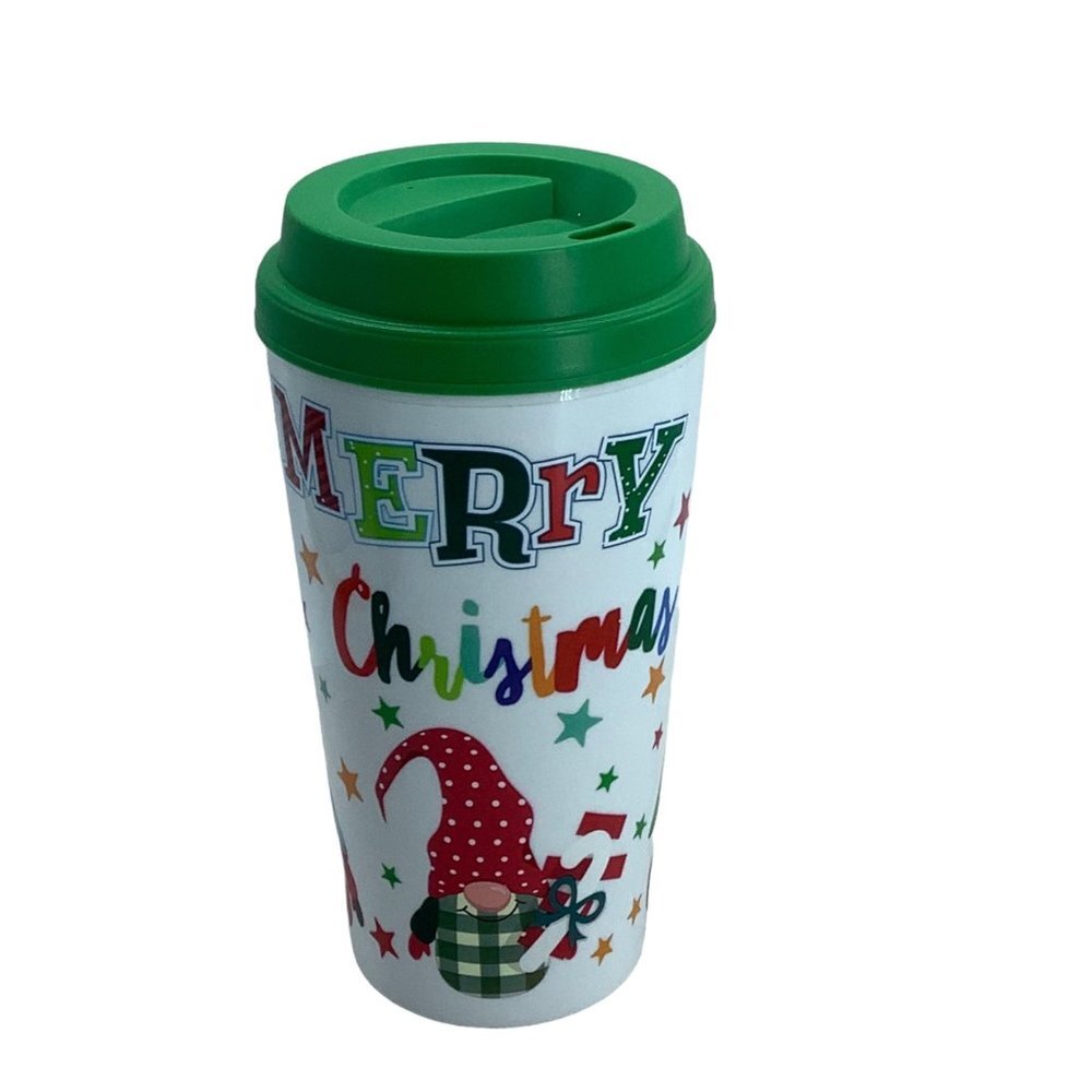 Merry Christmas Gnomes Elf Elves Coffee Tea Cup Silicone Lid 7” Winter